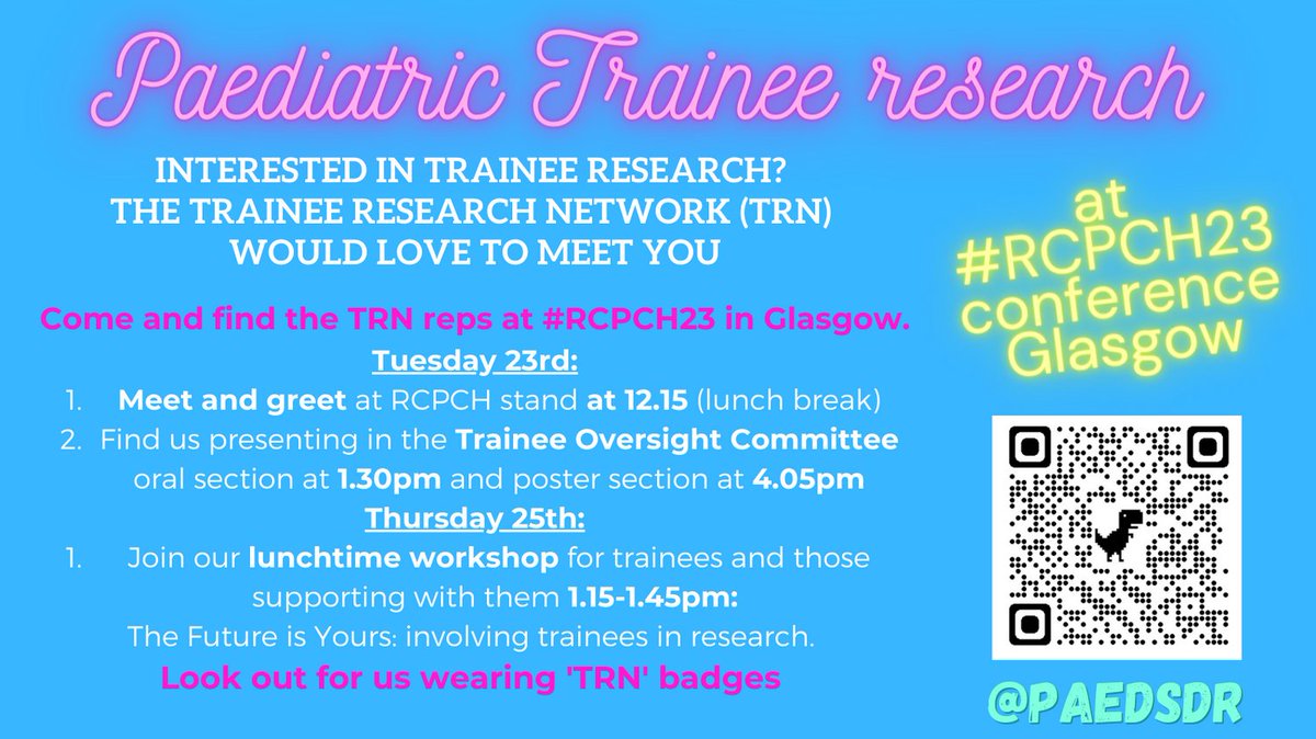 Coming to #RCPCH23 in Glasgow next week? Come and find the @RCPCHTweets Paediatric Trainee Research Network. Find out what we do, how we can help you to get started in research or progress your research as a trainee/colleague