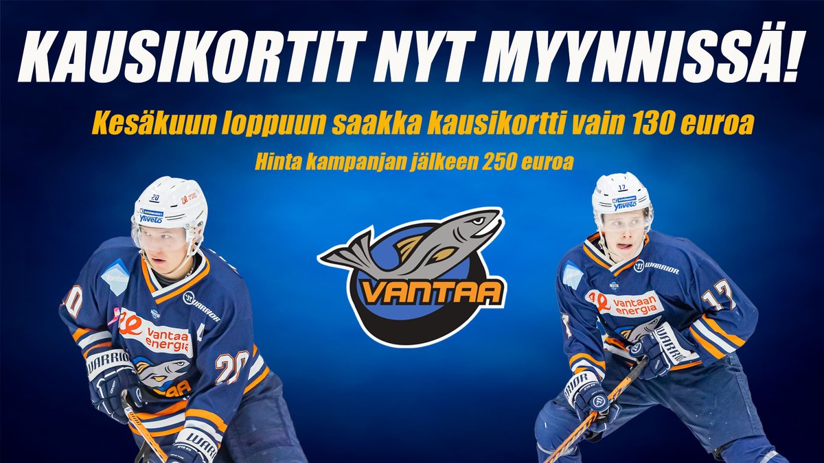 KiekkoVantaa's tweet photo. Kausikortit nyt myynnissä! 🔥

Kesäkuun loppuun saakka tarjous voimassa ja saat kausarin vain 130 eurolla (säästät 120 euroa)

Hanki omasi tästä ➡️ https://t.co/ghbf6yAdUr

#KVantaa #Mestis #LohiMäärää https://t.co/R2JS8RehfV