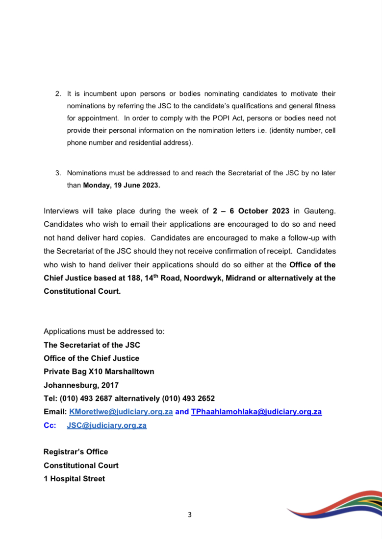 OCJ_RSA's tweet photo. Media Advisory: Judicial Service Commission (JSC) list of vacant Judicial positions. Interviews will take place from 2 - 6 October 2023.

Deadline for nominations: 19 June 2023
#JSCinterviews #JSC #Judiciary https://t.co/kkrpHCOhTd