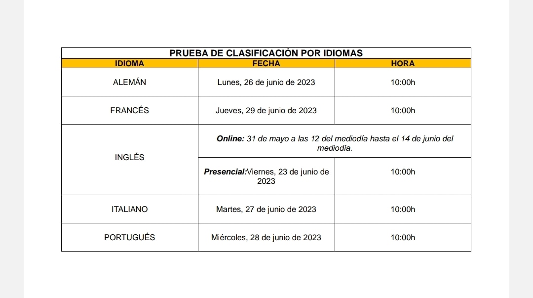 ¡Atención! Cambio de fechas para la prueba de clasificación de alemán y francés.
