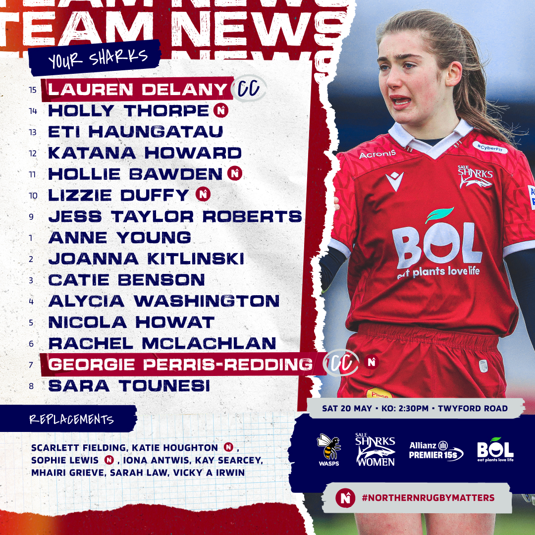 SaleSharksWomen's tweet photo. ๐ง๐๐๐ ๐ก๐๐ช๐ฆ | ๐ v ๐ฆ
Here's how #YourSharks line up to take on @waspswomenย ๐.
๐ช Delany swaps to full-back and Thorpe comes in on the wing!
๐ Scarlett Fielding is set to make her return after injury!
Let's go ๐ฅ.
#WASvSAL | #NorthernRugbyMatters https://t.co/Qv88LPzuMe