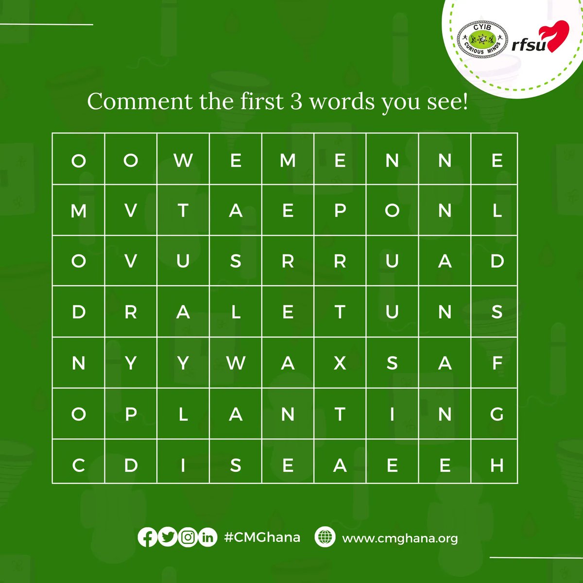 cmghana's tweet photo. One letter; one word.
Another chance to get it right.

It's Friyaay… and definitely games o' clock!

Comment the first three words you see.
Clue: #WomenSRHR

#CMGhana #WordGames https://t.co/599rRS3TEf