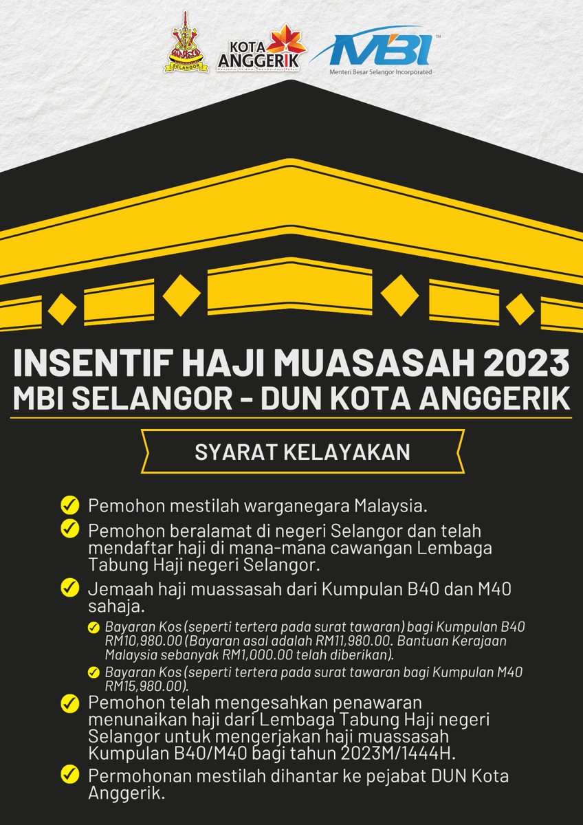 NajwanHalimi's tweet photo. Kepada bakal jemaah haji muassasah dari DUN Kota Anggerik yang bakal mengerjakan haji pada tahun ini, anda berpeluang untuk menerima Insentif Haji Muassasah 2023 sebanyak RM500 dari Kerajaan Negeri Selangor.

Sekiranya anda memenuhi syarat kelayakan, sila hadir ke Pusat Khidmat Masyarakat DUN Kota Anggerik dengan membawa dokumen-dokumen berkaitan untuk memohon.

Permohonan dibuka bermula dari 19 Mei 2023 hingga 25 Ogos 2023.