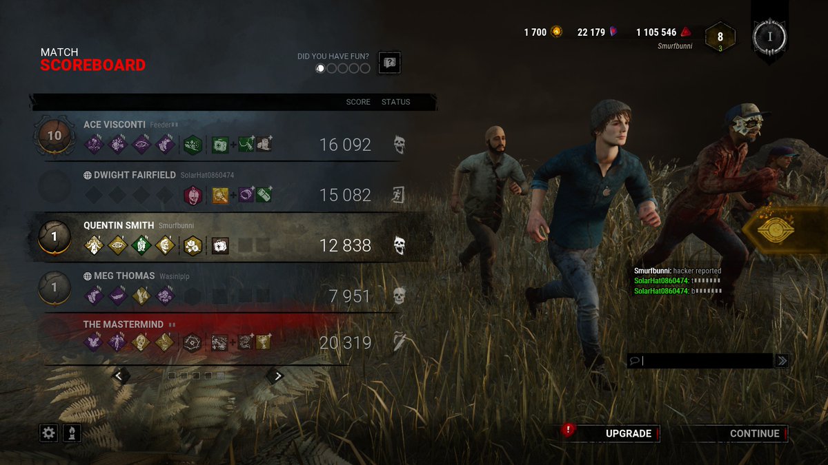 Smurfbunni's tweet photo. @DeadbyDaylight This guy is a hacker - floated all over the map, revealed all our locations to the killer and then just passed through the gate to win. #dbd #dbdhacker https://t.co/ImrJx234VD https://t.co/sHnGgn7qIX