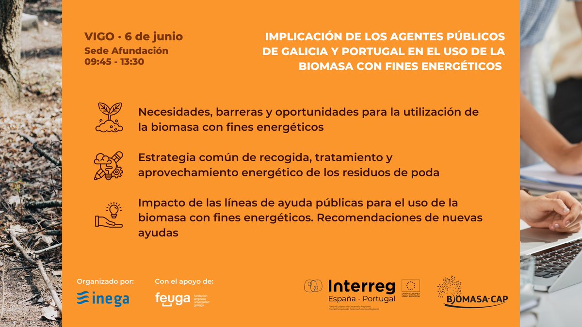 🗓️Os adelantamos las ponencias del #EncuentroTransfroterizo de #BiomasaCAP que organiza <a href="/inega_gal/">Instituto Enerxético de Galicia</a> y <a href="/FEUGA_20/">FEUGA</a> el 6 de junio en Vigo. ¡Reserva ya la fecha en tu agenda!

INSCRIPCIONES: forms.office.com/e/GDDLLiSzed

<a href="/poctep/">Interreg España-Portugal</a> <a href="/CT_EnergyLab/">Energylab</a> <a href="/uvigo/">Universidade de Vigo</a> <a href="/ipvc_twit/">IPVC</a> <a href="/inegi_portugal/">INEGI driving science & innovation</a>