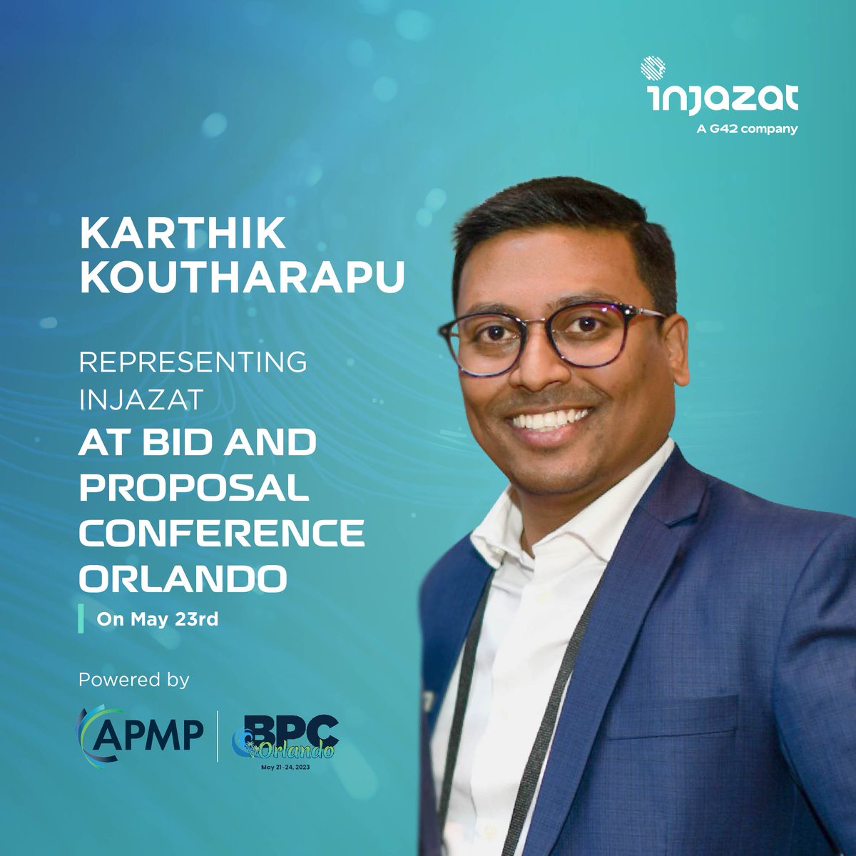 core42_ai's tweet photo. We are excited to share that Karthik Koutharapu CP.APMP® from Injazat, will be taking the stage at the BPC Orlando’23 (Bid and Proposal Con) session and delve into the world of proposal best practices leveraging Generative AI, and automation. https://t.co/LctTUnuB8m