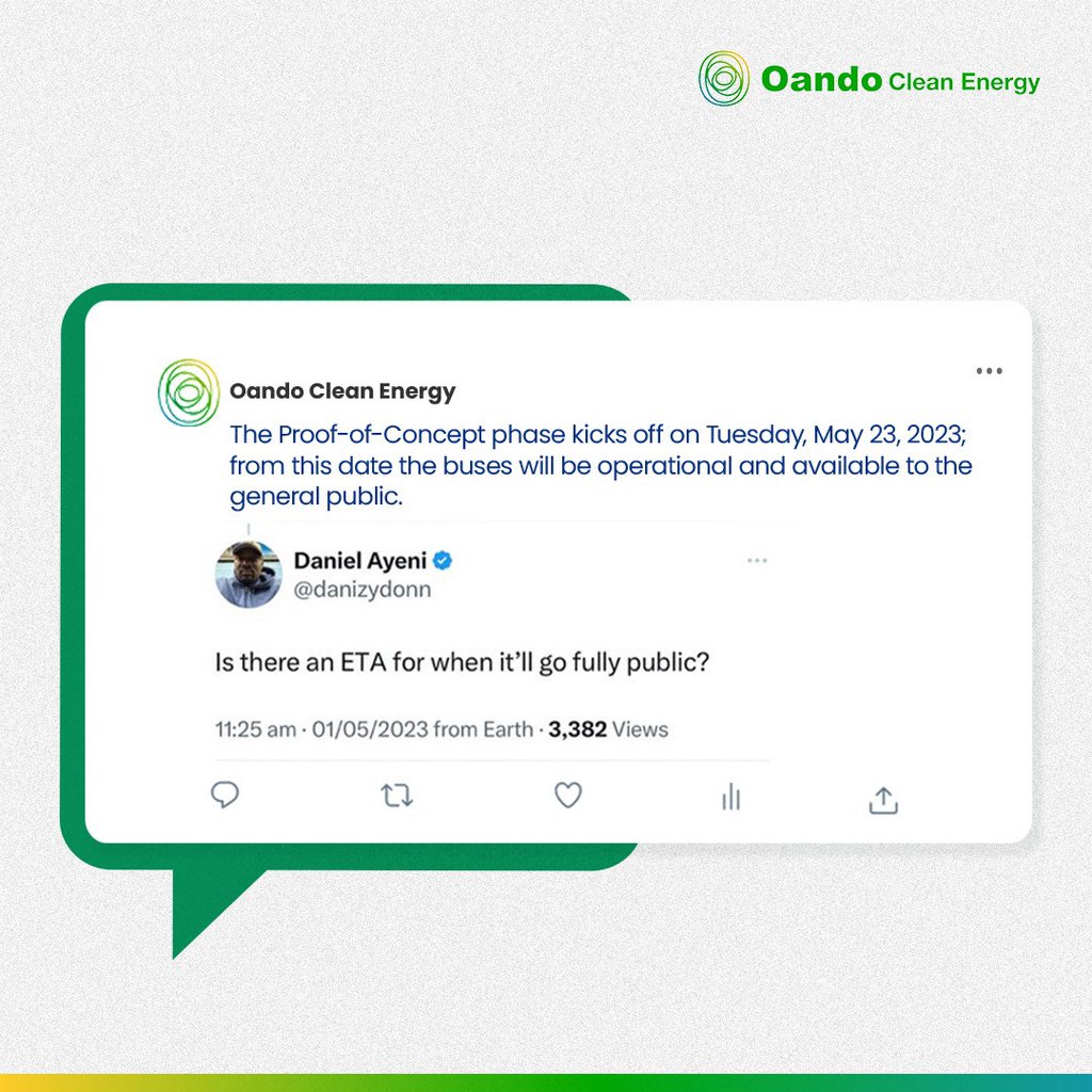 Oando_PLC's tweet photo. Proof-of-Concept phase kicks off on Tuesday, May 23, 2023. 
... are you ready? 

#EkoisEco #CleanEnergy #ElecrtricBuses #LagosTransport #Sustainability #NigerianTransitionPlan #OandoCleanEnergyLimited https://t.co/vsK8Z1jGx6