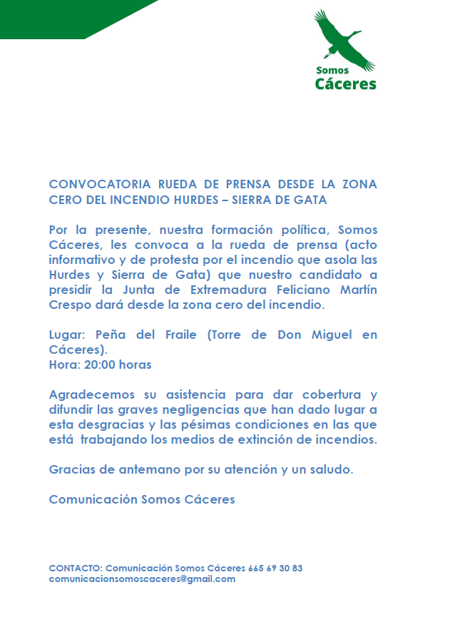 Somos_Caceres_'s tweet photo. Desde @Somos_Caceres_ convocamos a todos los medios a un acto informativo y de protesta por el incendio que asola las Hurdes y Gata.
#Incendio #Gata  #LasHurdes  #Caceres https://t.co/oLB03W6TZI