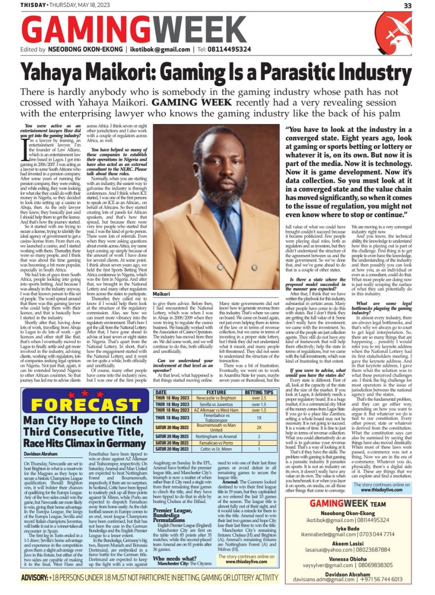 gamingweek1117's tweet photo. Yahaya Maikori: Gaming Is a Parasitic Industry

@THISDAYLIVE 
@ikotibokAK 
@Y_A_H_A_Y_A 
@nlrcgovng 
#gaming 
#bettingtwitter https://t.co/t1BMLyhFNy
