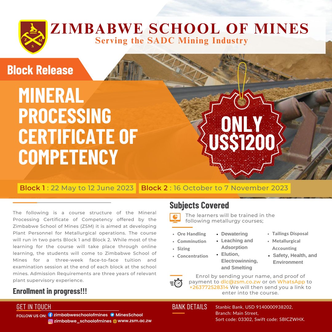 CERTIFICATE OF COMPETENCY BLOCK RELEASE SHORT COURSES beginning Monday 22 May 2023.  Email dlc@zsm.co.zw or WhatsApp to 0772528314.
Mineral Processing Certificate of Competency &
Mine Captains Certificate of Competency
#DLC
#ZSM
#mineralprocessing
#minecaptainscertificate