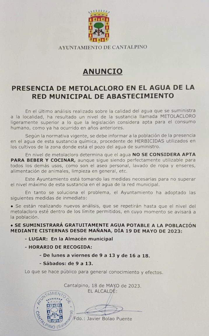 Grave contaminación del agua en Catalpino (Salamanca). Ya no es apta para el consumo humano.
La contaminación la produce el metalocloro, un herbicida utilizado en la agricultura.

El uso masivo de abonos y plaguicidas está contaminando las aguas de cada vez más municipios.