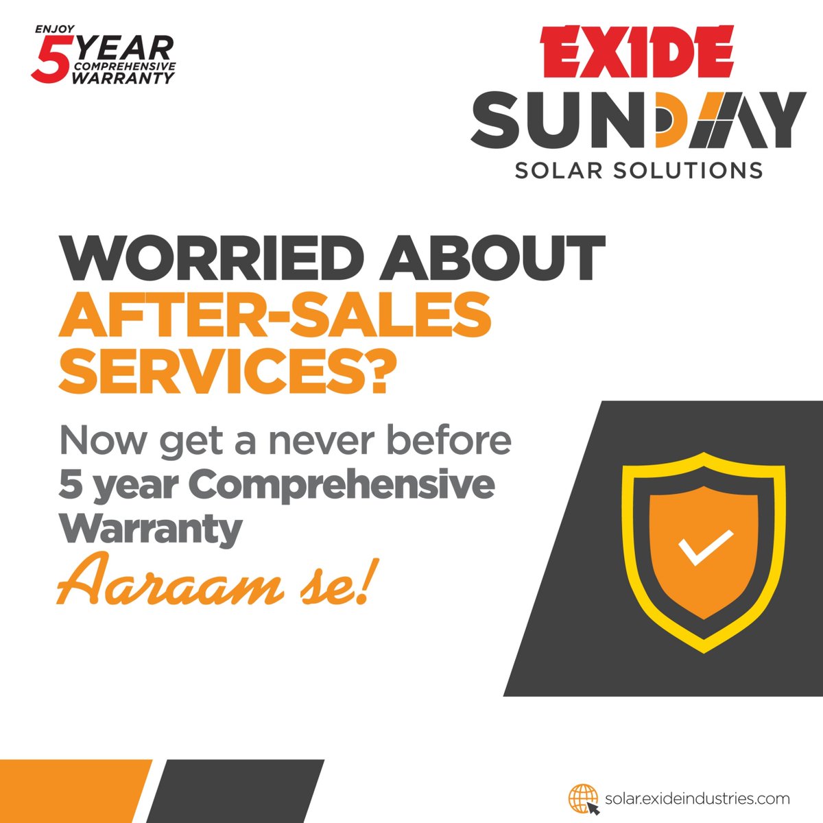 Post installation care and after-sales services can be a hassle.
With Exide Sunday’s 5 year comprehensive warranty, the first in its category, you can stay worry free and live Aaraam Se!
solar.exideindustries.com
#Exide #SustainableEnergy #SundayLiving #ExideSolar