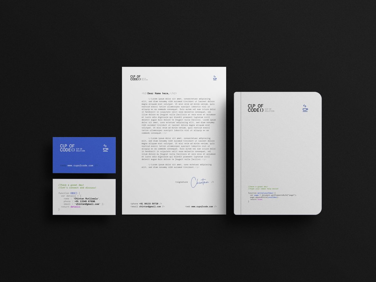 YashRotli's tweet photo. New Project Alert!

Branding concept for a concept of an IT company, Cup of Code. 

Check out full project on Behance:
https://t.co/djnmVqiMaF

#brandingdesign #brandidentitydesign #identitydesigning #rebranding #branding #logodesign #conceptdesign #coding #informationtechnology https://t.co/1fgPrWT2LE