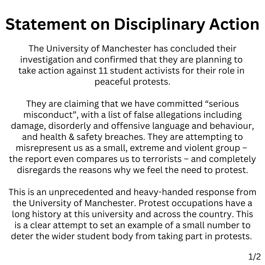 rentstrikeUoM's tweet image. ‼️ Statement on Disciplinary Action ‼️

The University is taking unprecedented disciplinary action against 11 student activists.

Please sign our solidarity statement and call on the panel to reject these politically-motivated charges! 
Sign here: tinyurl.com/uom-solidarity