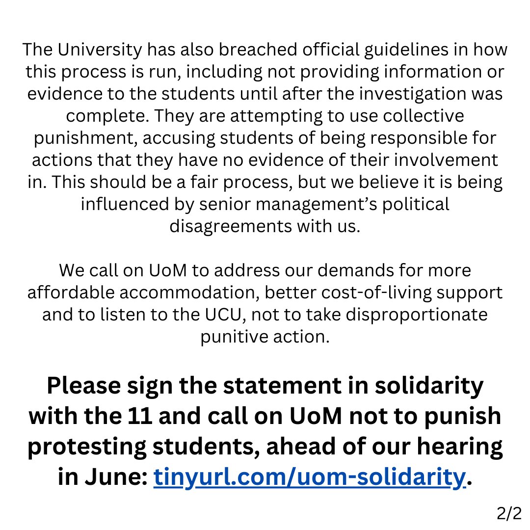 ‼️ Statement on Disciplinary Action ‼️ The University is taking unprecedented disciplinary action against 11 student activists. Please sign our solidarity statement and call on the panel to reject these politically-motivated charges! Sign here: tinyurl.com/uom-solidarity