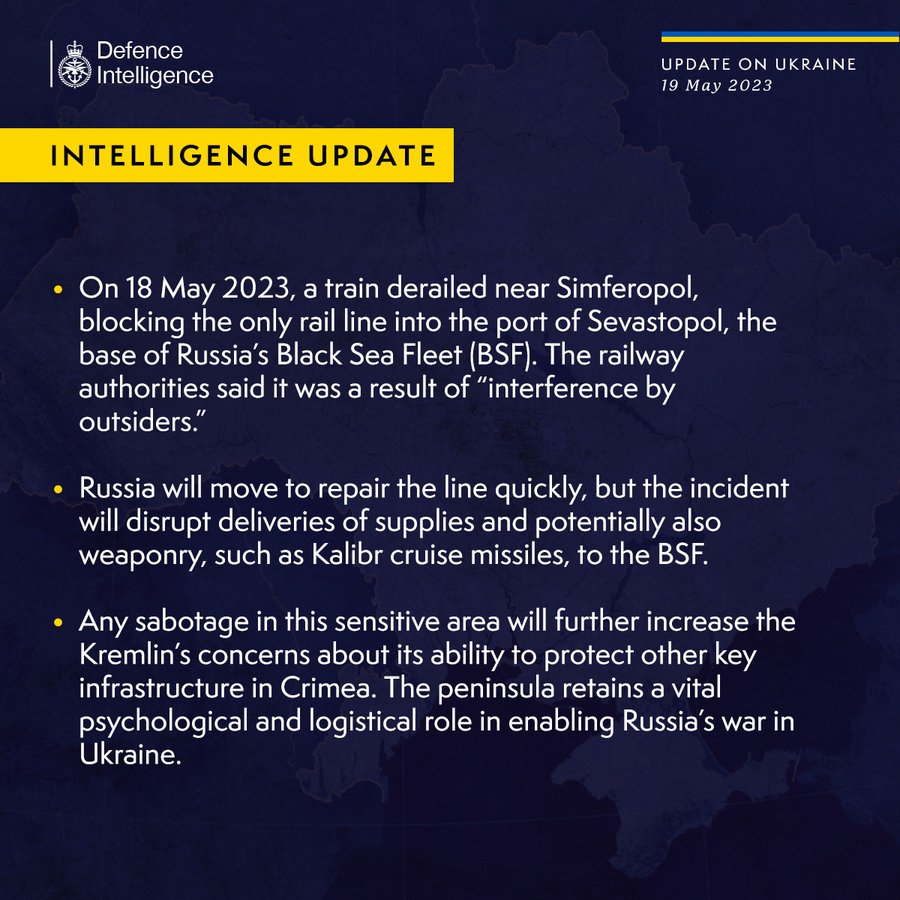 Latest Defence Intelligence update on the situation in Ukraine - 19 May 2023.