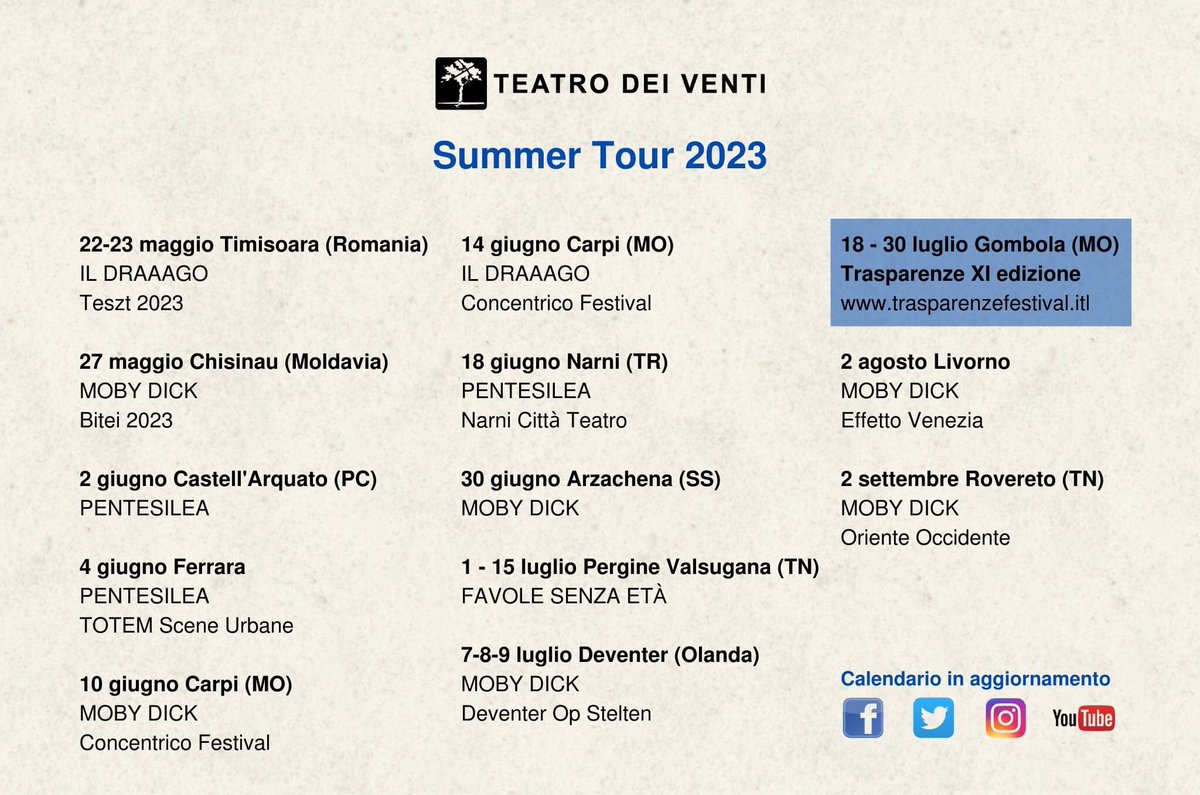 Ecco le date della tournée del #TeatrodeiVenti nella primavera-estate 2023, all'estero e in Italia, un calendario che include il ritorno di spettacoli storici e alcuni debutti, frutto di progetti speciali e lavoro con i territori #IlDraaago #MobyDick