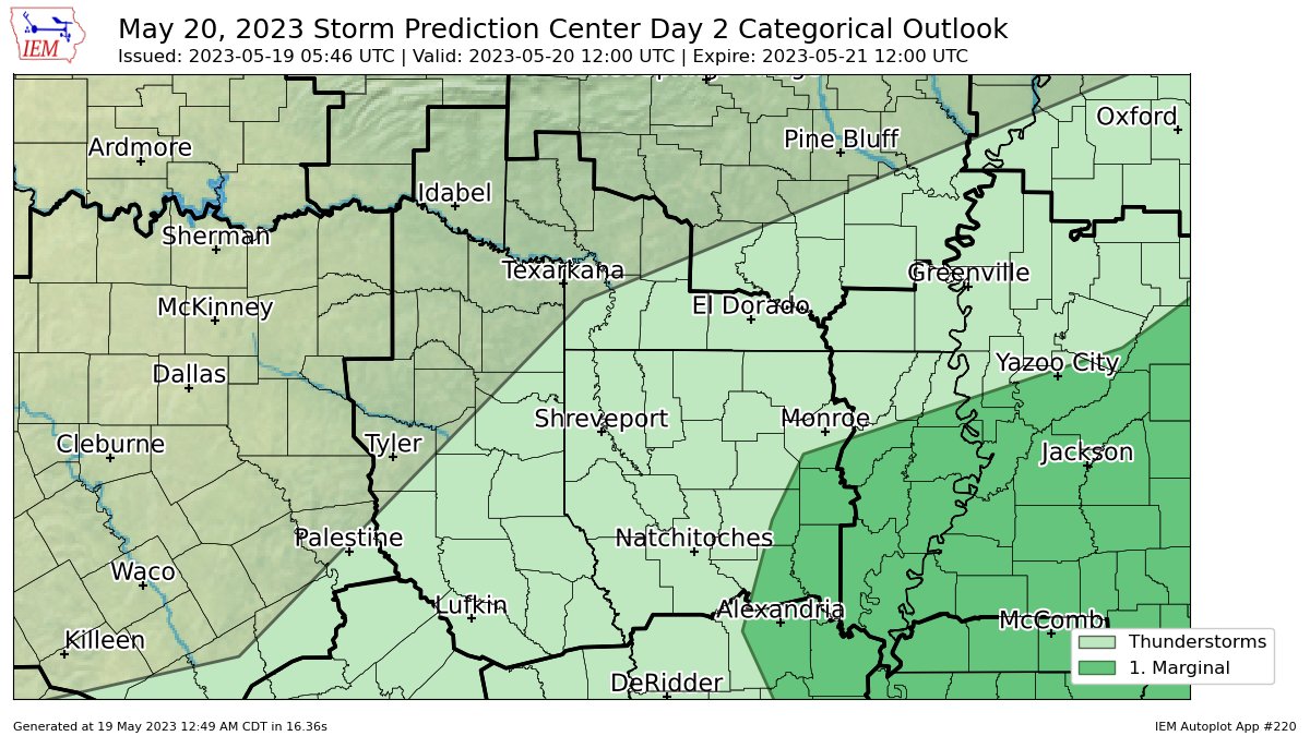 SPC issues Day 2 Marginal Convective Risk at May 19, 5:46z for SHV spc.noaa.gov/products/outlo…