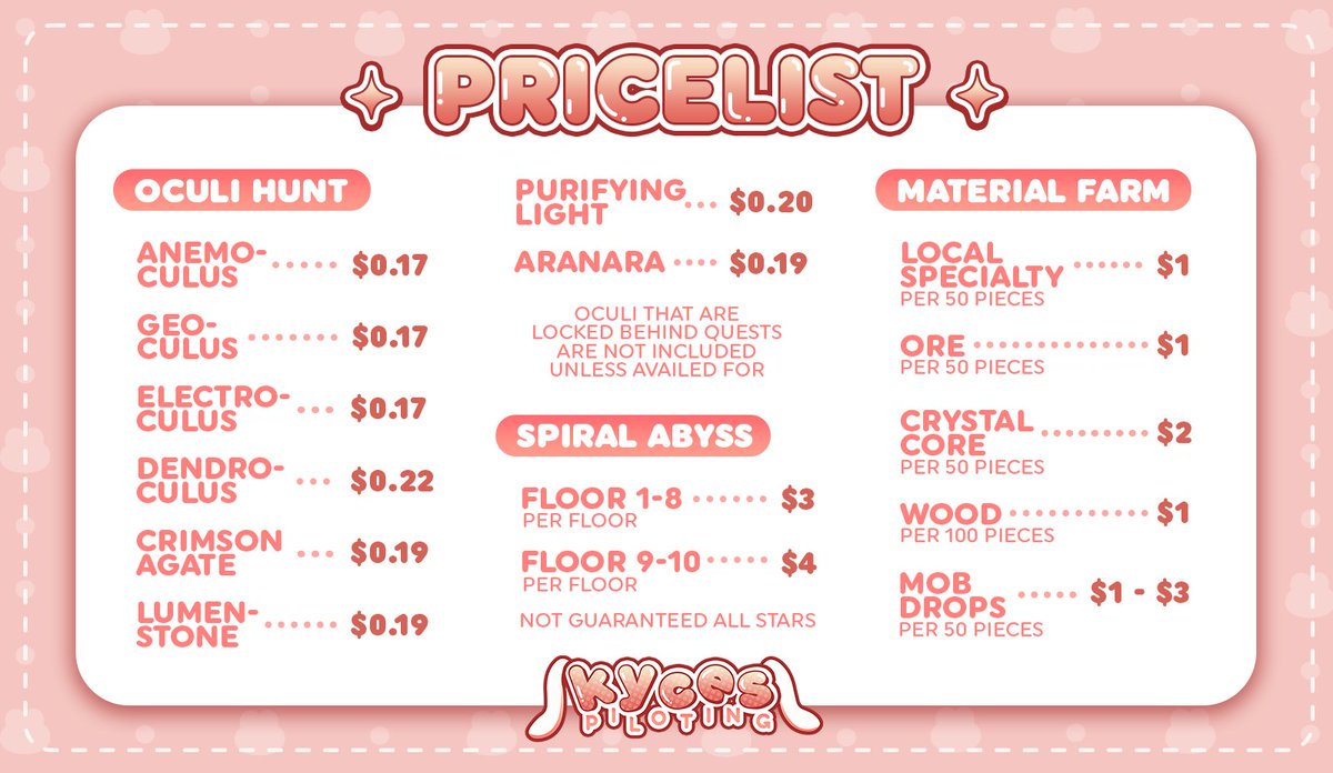 kyces_comms's tweet photo. ✦ SERVICES OPEN ✦ 

Hi! I'm Kyces and I offer Genshin Ploting Services! Check the pricelist and piloting proofs below and send a DM if you want to avail! ♡ ₍ᐢ. .ᐢ₎

˚₊‧꒰ა ✦ ໒꒱ ‧₊˚

⟡ twitter: @/_kyces
⟡ discord: kyces#5093

#genshinpilot #genshintwt #genshin https://t.co/sqgRhUL5xN