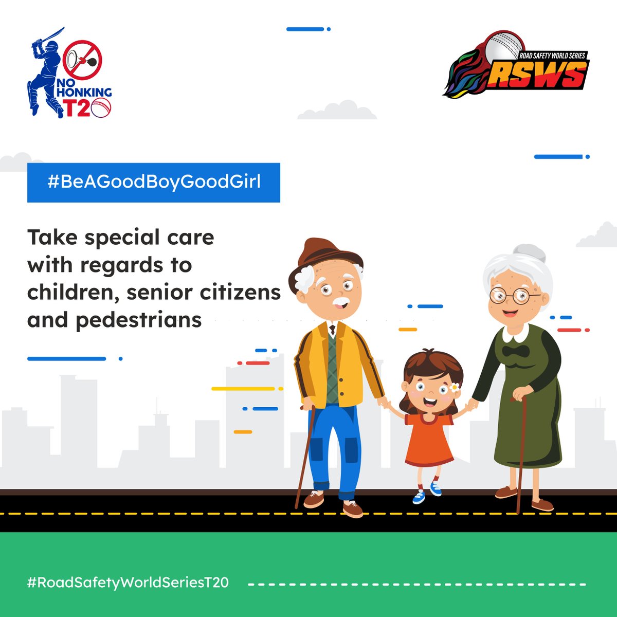 RSWorldSeries's tweet image. Small acts of care make a big difference! 🚸👴#BeAGoodBoyGoodGirl, let's remember to take special care when it comes to children, senior citizens, and pedestrians. #cricket #BeaGoodBoyGoodGirl #NoHonking #Roadsafety #RSWS #RoadSafetyWorldSeriesT20