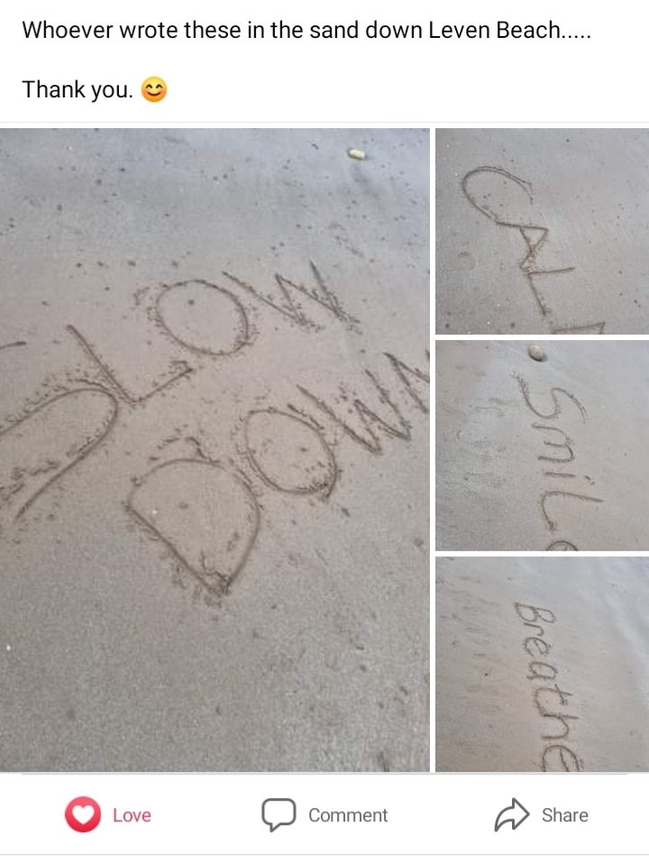 SAlexander264's tweet photo. Signing off #MentalHealthAwarenessWeek with this 🤩🧠🤗💙 #SlowDown #Calm #Smile #Breathe #MessagesInTheSand #LevenBeach #Fife #HomeSweetHome #MyHappiestPlace #FifeForLife 🏴 @coopuk #MentalHealthMatters #MakingADifference #ItsWhatWeDo https://t.co/8F1yRc4stS