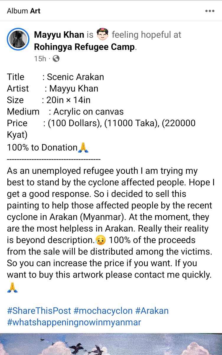 MohammedZonaid8's tweet photo. Mayyu Khan (@mayyu_khan) is a Rohingya talented artist, selling a painting to support mocha #cyclone victims in Arakan, #Myanmar. 100% of the proceeds go to relief efforts. Please consider purchasing or spreading the word. #Arakan #CycloneRelief #art #Rohingya https://t.co/qp3W130OVU