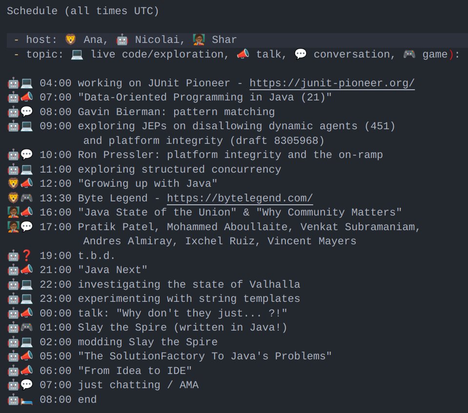 In a few days, #Java turns 28 and to celebrate we got something special for you:

28 HOURS OF JAVA - an early birthday party with guests, games, presentations, and code.

Join <a href="/ammbra1508/">Ana Maria Mihalceanu 🇳🇱🇷🇴</a>, <a href="/Sharat_Chander/">Sharat Chander @sharatchander.bsky.social</a>, and me from Saturday 04:00 to Sunday 08:00 (UTC).

youtube.com/watch?v=CYn2Vq…