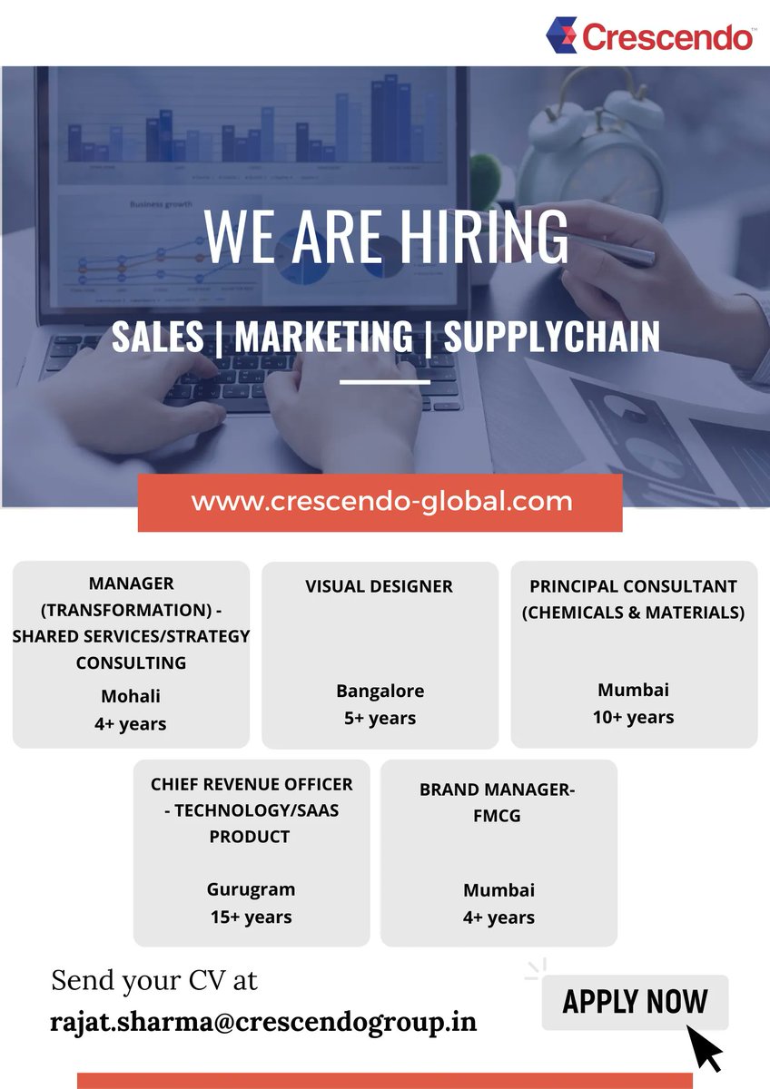 We are hiring!

Apply on our website buff.ly/3WuWy1Q

buff.ly/3MhEC6p 
buff.ly/42L1BxH 
buff.ly/42S7RUz 
buff.ly/3Mh6MP3 
buff.ly/3Mi8nEa 

Share your resume at rajat.sharma@crescendogroup.in

#marketing #sales #strategy #uxdesigner