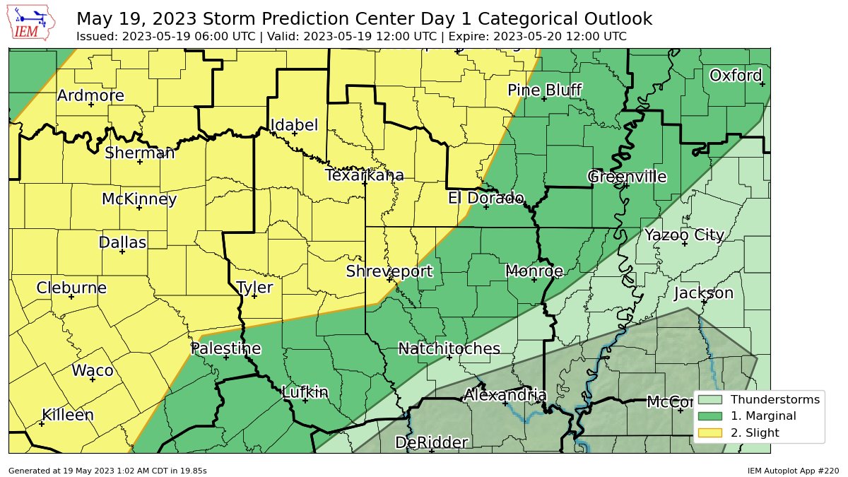 SPC issues Day 1 Slight Convective Risk at May 19, 6:00z for SHV spc.noaa.gov/products/outlo…