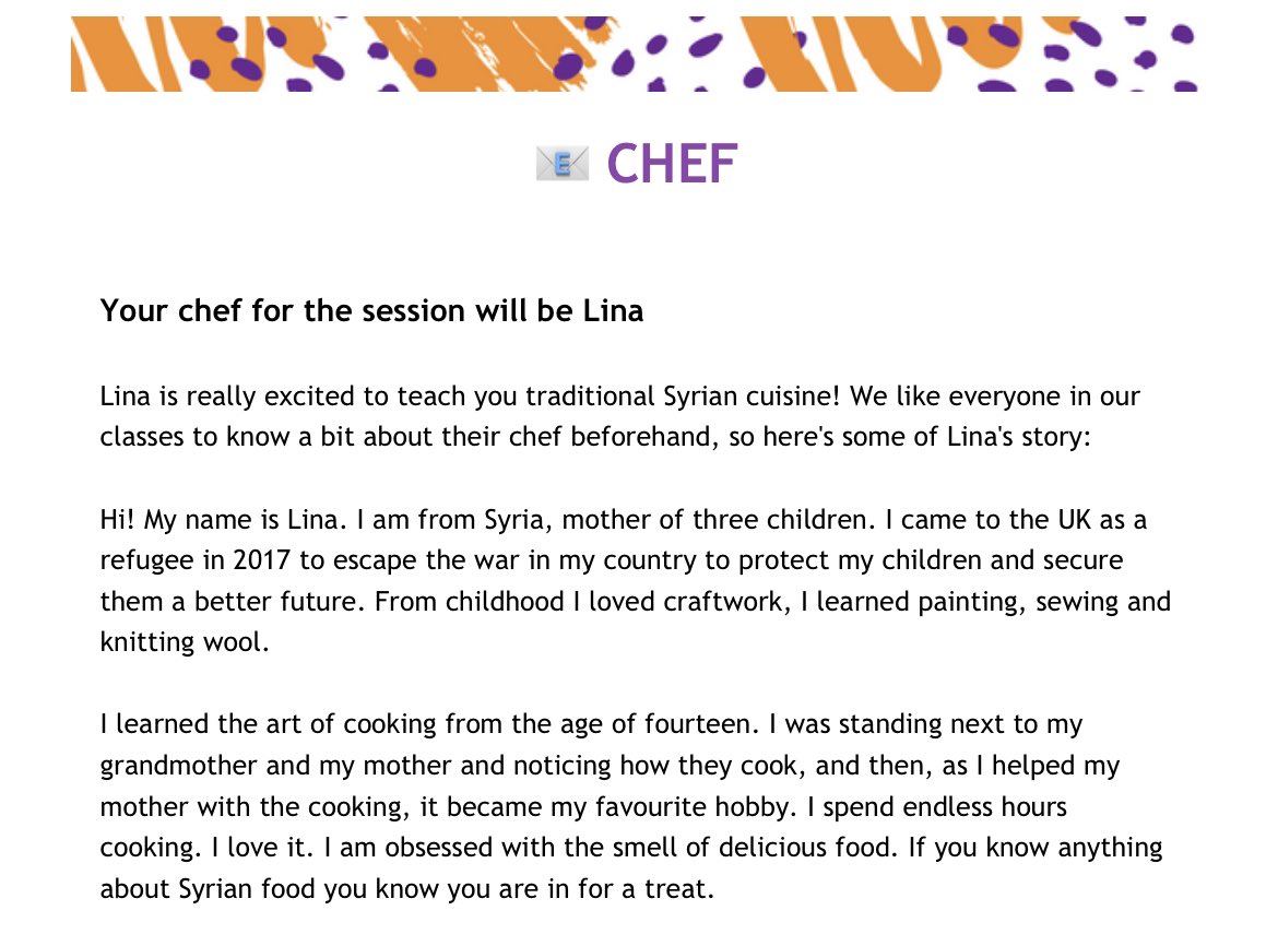 Sonali Kinra (@sonalikinra) on Twitter photo Really Looking forward to learning about Syrian culture & cuisine- cooking and breaking bread together with my new team today evening <a href="/migratefulUK/">Migrateful</a>
Lina and Noha and Samantha - thank you for arranging it for us Really Looking forward to learning about Syrian culture & cuisine- cooking and breaking bread together with my new team today evening <a href="/migratefulUK/">Migrateful</a>
Lina and Noha and Samantha - thank you for arranging it for us
