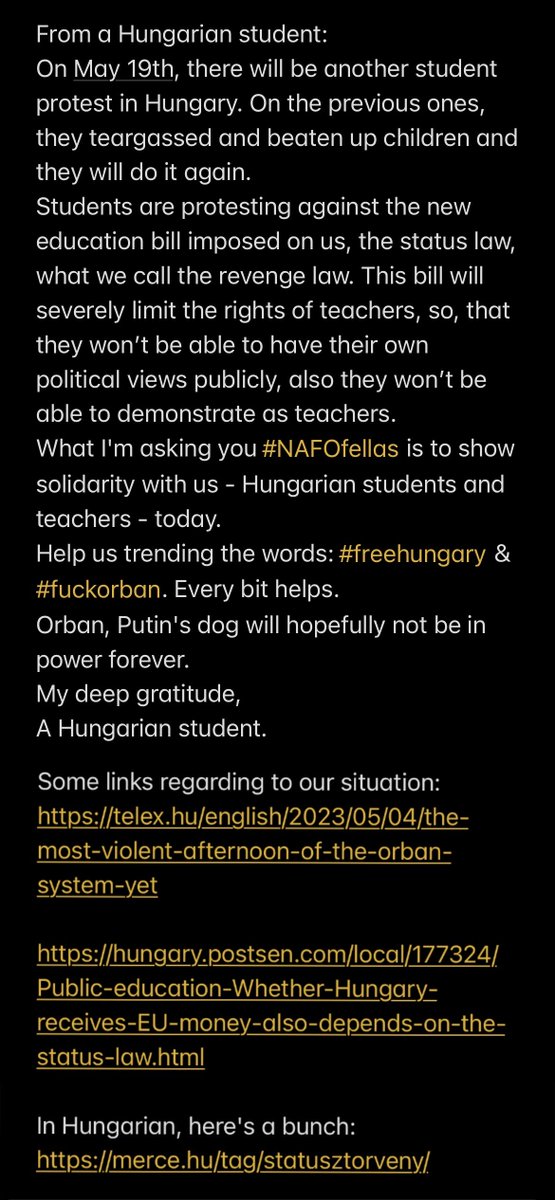 Today Hungarian students are protesting again! 
A student asked us #NAFO #NAFOfellas around the world for help.🤝
The status bill must be stopped!
Please share their worries below and trend #freehungary & #fuckorban as they wish!

Find details in the links in the comments below!