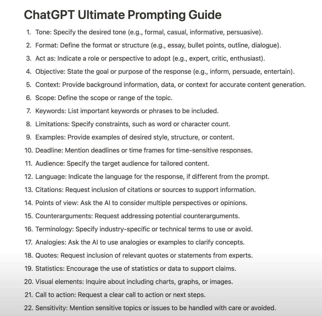 MediaNadj's tweet image. Here&apos;s the ChatGPT Ultimate Prompting Guide🤖 

Important elements to include: 

1. Tone 
2. Format 
3. Objective 
4. Context 
5. Examples

FollowProfit With AII

#profitwithai #AI #ArtificialIntelligence