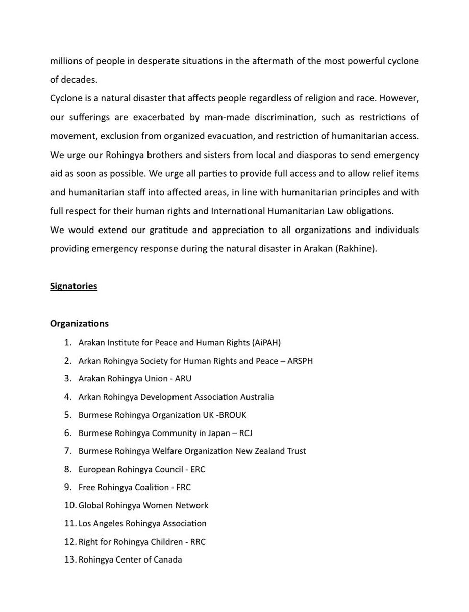 WomanEducation's tweet photo. Joint Statement Rohingya CSOs and Activist and Activists for Immediate and unhindered access to lifesaving aid after Devastating Cyclone (Mocha) in Arakan (Rakhine) State.
#RWAED 
#Rohingya 
#cyclonemocha 
#cyclonevictims 
#GenocideSurvivor https://t.co/2BYJE3nR7j