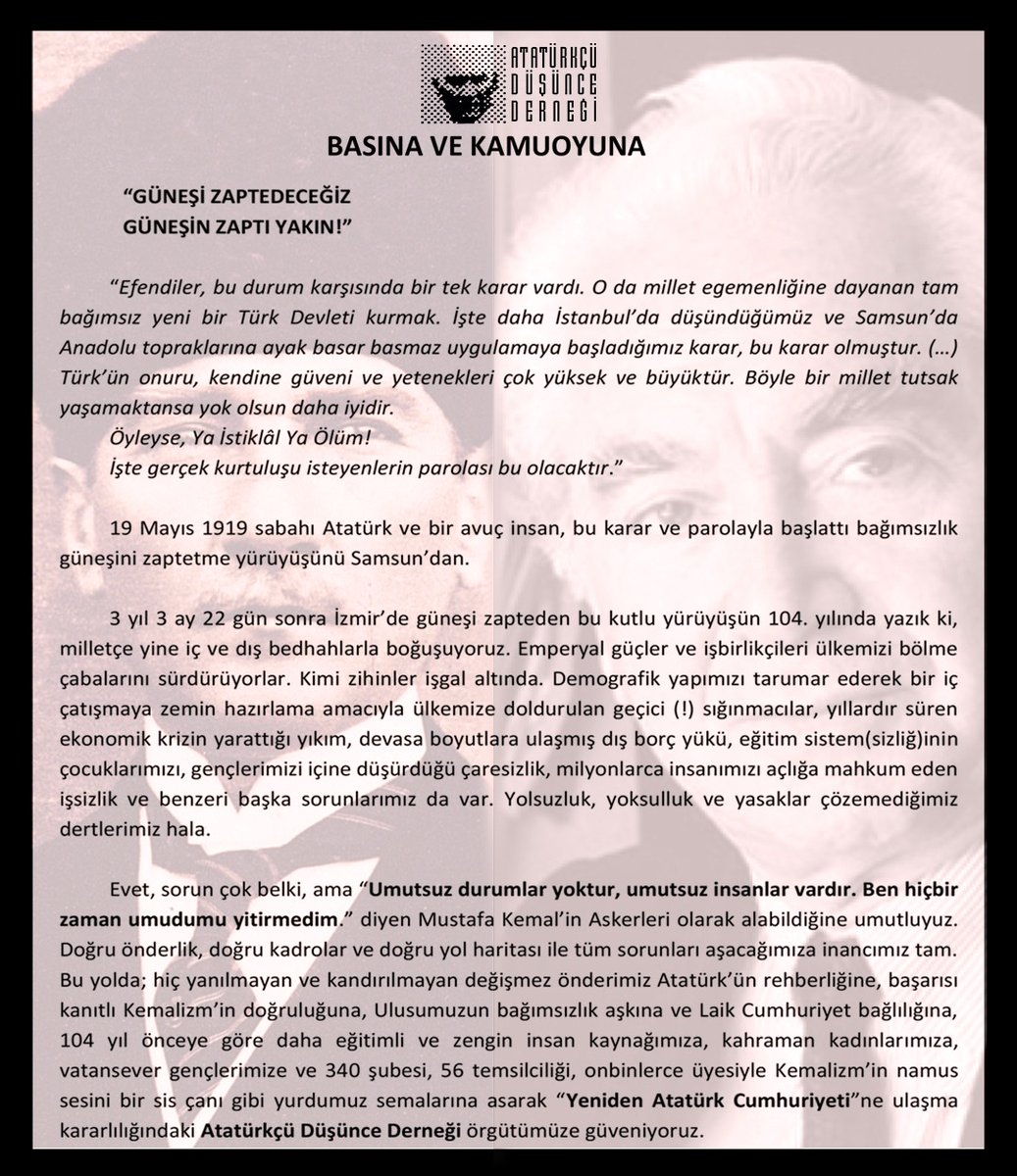 add_genelmerkez's tweet photo. Tarihin en büyük devrimcisi ve bir avuç insan Samsun’dan başladı,Ulusu ayağa kaldırdı,3 yıl 3 ay 22 gün savaştı,emperyalizmi yendi.
Emsali yok!
Atatürk ve Kuvayı Milliye kahramanlarına minnetle…
#19MayısGenclikveSporBayramı kutlu olsun. https://t.co/LWV6jatB7m