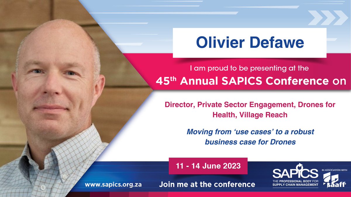 Attending #SAPICS2023? Check out our panel “Moving from ‘use cases’ to a robust business case for Drones” with VillageReach’s @ODefawe on June 13, from 11:50 - 12:40 SAST in Hall B. Learn more here bit.ly/3pIiCKz @SAPICS01 #SAPICSinAfrica #supplychainmanagement #CCCC