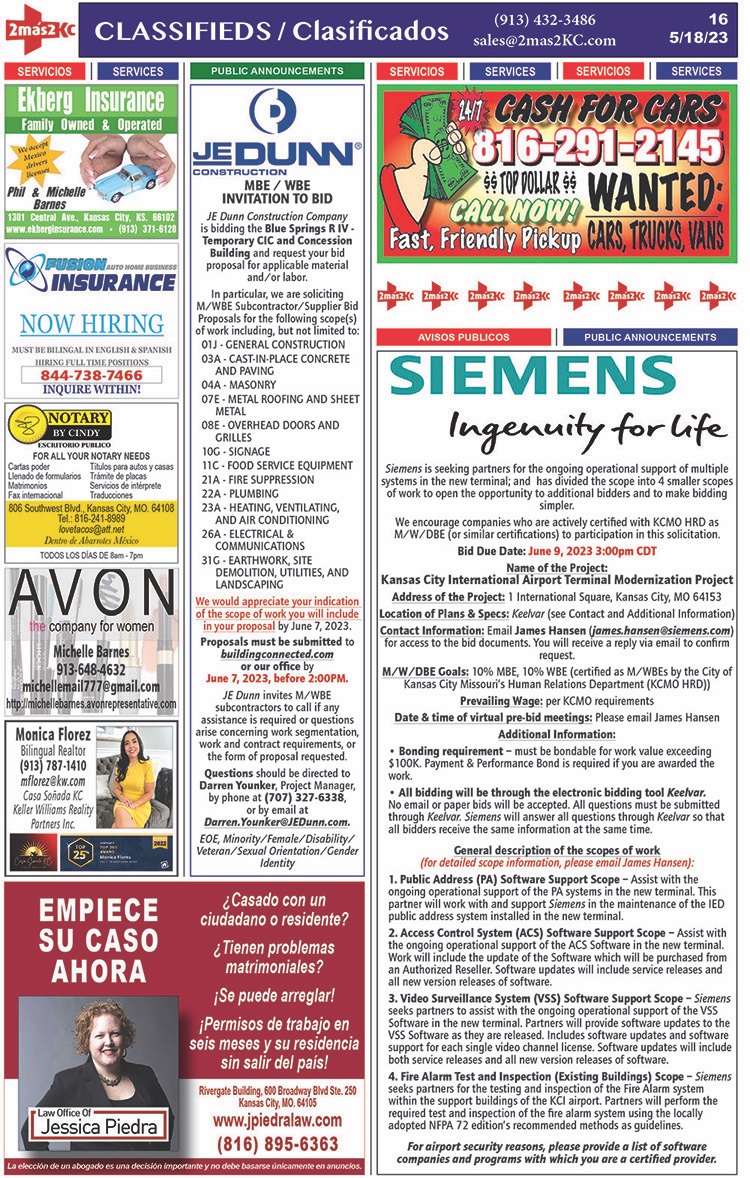APROVECHA los #servicios que te ofrecen #JessicaLaw, #ekberg, #cindynotary, #2mas2KC, #fusioninsurance y #cashforcars.
Además encuentras las oportunidades de #Bids para #contratistas de #JEDunn y #siemens