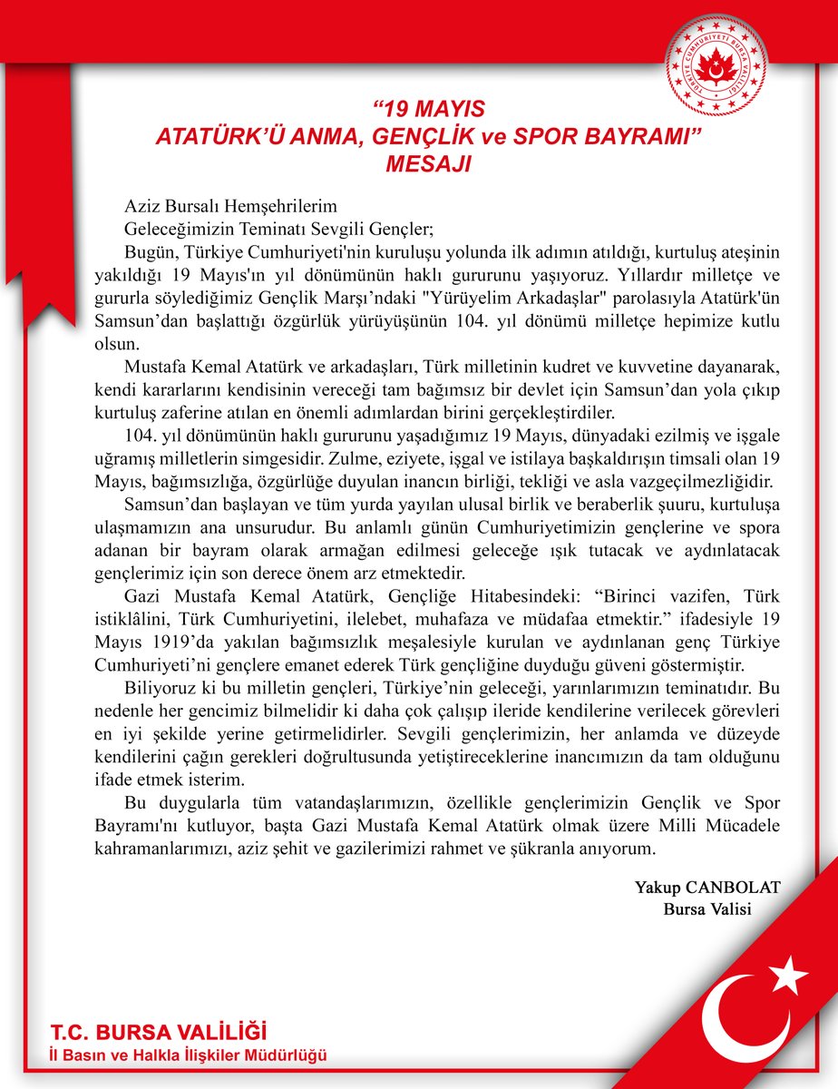 Vali <a href="/YakupCanbolat/">Yakup CANBOLAT</a>'ın ''19 Mayıs Atatürk'ü Anma, Gençlik ve Spor Bayramı'' Mesajı