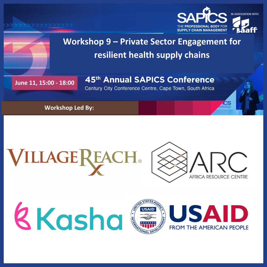 We’re co-hosting a #SAPICS2023 workshop, “Increasing Private Sector Engagement in Public Health Supply Chains” with @ARC_ESM, Kasha and @USAID on Sunday June 11th from 15:00-18:00 at the Century City Conference Centre, Cape Town, South Africa. We hope to see you there! @SAPICS01