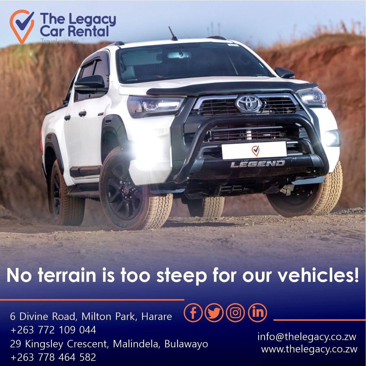 legacy_rental's tweet photo. There is no terrain that our vehicles cannot handle. Travel with us!
#Moving #farming #allyouneed #JourneywithUs #gotawork #workload  #weekendmood #workhorse #Bakkies #travel #thecarsyouwant #Friday #vehicles #carhire #builttolast #journey #rental #booknow #travelwithus https://t.co/P8CUHlT6gp