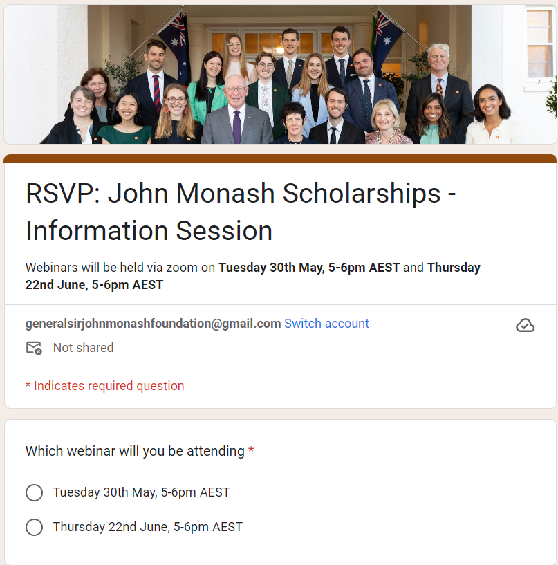 Are you applying for a John Monash Scholarship this year?
Don’t miss out on our upcoming webinars which are designed to support you at each step of the Scholarship application process.
Register below for upcoming webinar dates:
docs.google.com/forms/d/e/1FAI…