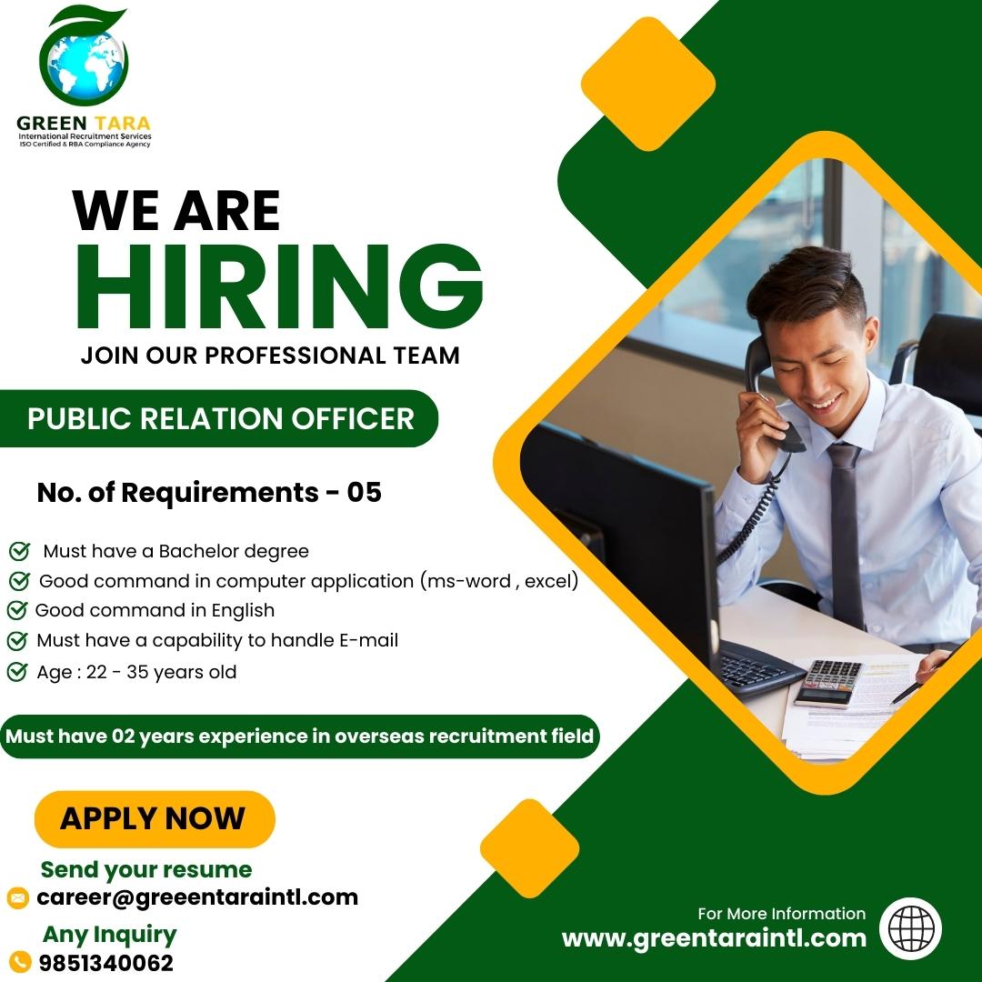 We are looking for a Team member to join us ! Company : Green Tara International Overseas (P.) Ltd. Location: Jawlakhel , Lalitpur , Nepal. We are seeking qualified and motivated candidates for the following positions: 𝗣𝘂𝗯𝗹𝗶𝗰 𝗥𝗲𝗹𝗮𝘁𝗶𝗼𝗻 𝗢𝗳𝗳𝗶𝗰𝗲𝗿