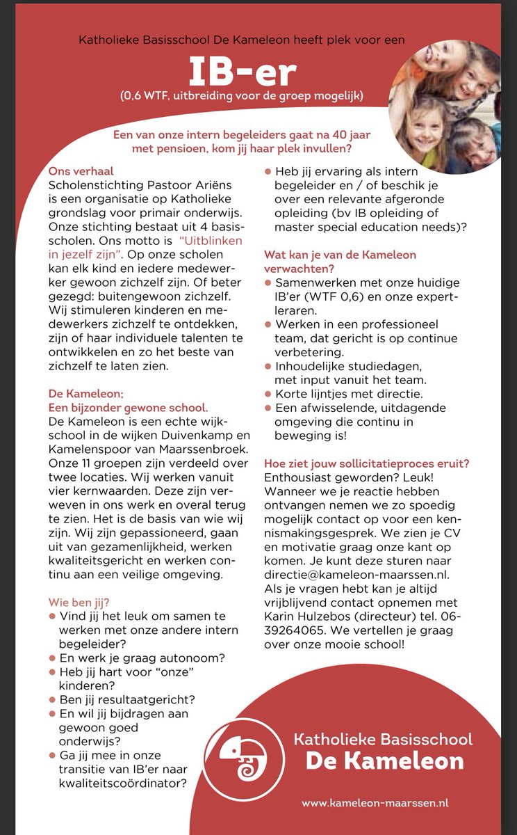 Vacature - leuke job op onze mooie school! Een plek waar je van betekenis kan zijn. Sluit jouw visie aan op de onze? Neem dan zeker even contact op. #maarssen #EDI #effectieleesonderwijs