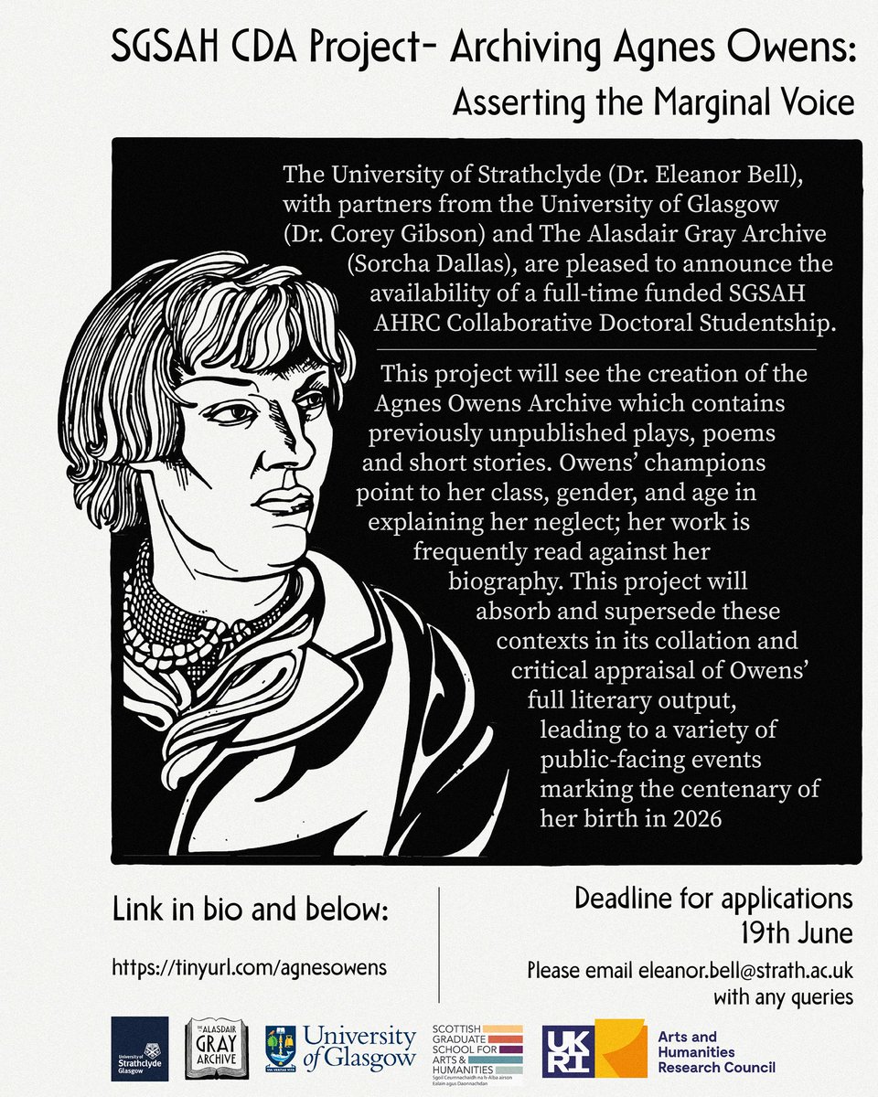 The Alasdair Gray Archive (@agrayarchive) on Twitter photo BIG NEWS!
PLEASE SHARE!
FULLY FUNDED <a href="/sgsahblog/">SGSAH Blog</a> CDA PROJECT on
ARCHIVING AGNES OWENS
‘Asserting the Marginalised Voice’
<a href="/UniStrathclyde/">University of Strathclyde</a> (Dr. Eleanor Bell), with partners <a href="/UofGlasgow/">University of Glasgow</a> (Dr. Corey Gibson) and us!
deadline 19.06.23, apply via link
tinyurl.com BIG NEWS!
PLEASE SHARE!
FULLY FUNDED <a href="/sgsahblog/">SGSAH Blog</a> CDA PROJECT on
ARCHIVING AGNES OWENS
‘Asserting the Marginalised Voice’
<a href="/UniStrathclyde/">University of Strathclyde</a> (Dr. Eleanor Bell), with partners <a href="/UofGlasgow/">University of Glasgow</a> (Dr. Corey Gibson) and us!
deadline 19.06.23, apply via link
tinyurl.com