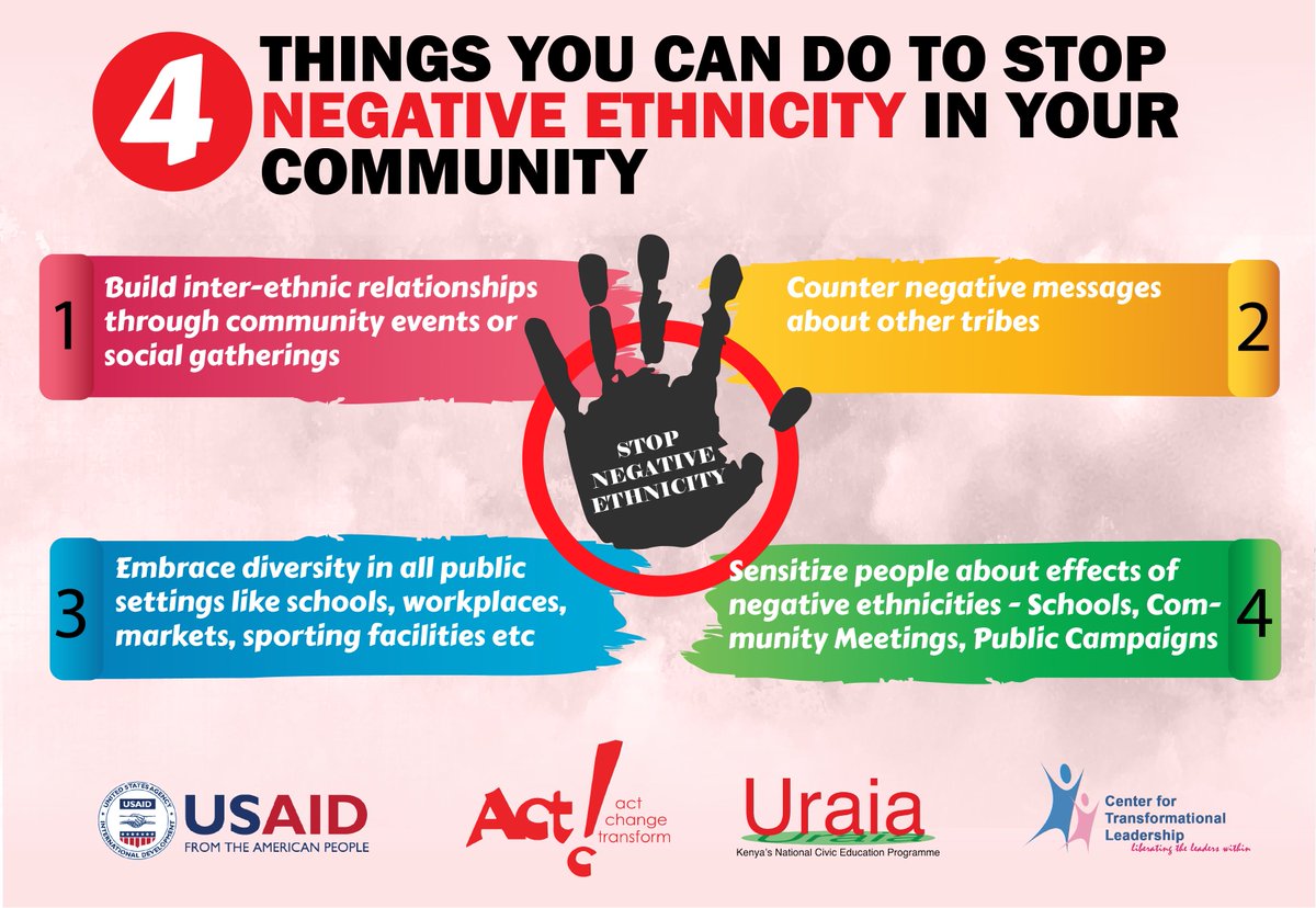CTLKenya's tweet photo. Reshape your community and ignite change! Take a bold stance against negative ethnicity with these 4 actionable strategies.
@USAIDKenya  @tendasasa  @UraiaTrust https://t.co/1Kp9RBWPyv