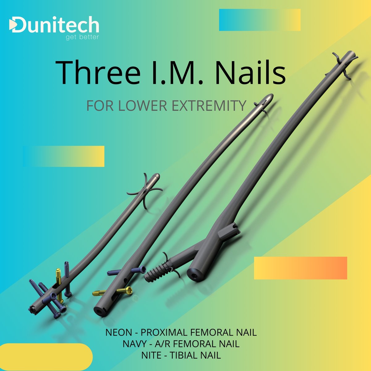 Neon proximal Femoral Nail, navyA/I femoral nail, and nite tibial nail are orthopedic implants used to treat fractures in the upper and lower leg

#Dunitech #Orthopedics #FractureTreatment #MinimalInvasiveSurgery #BoneHealing #SportsInjuries #FastRecovery