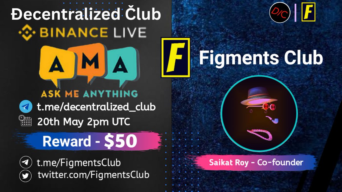 dens_club's tweet image. DC Presenting a #BinanceLiveAMA🎉
📌 Venue : binance.com/en/live/video?…
⏰ When : 20th May 2pm UTC 
🤑 Reward : $50
10 winners will get $5 each
Twitter (5) & Live asking (5)
1⃣ Follow @FigmentsClub
2⃣ Like & RT & Tag 3 Friends 
3⃣ Post your questions.
🚸 Must Join Figments Club…