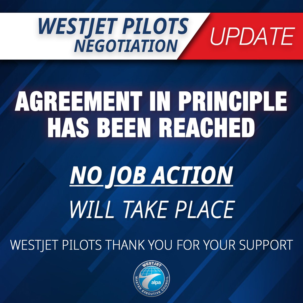 Following 8 months of negotiations, we are pleased to announce that the pilots have reached an Agreement in Principle (AIP) with <a href="/WestJet/">WestJet</a> on our second agreement.

There will be NO labour action.

We sincerely thank you for your support.

#WestJetPilots #ALPAPilots #Contract2023