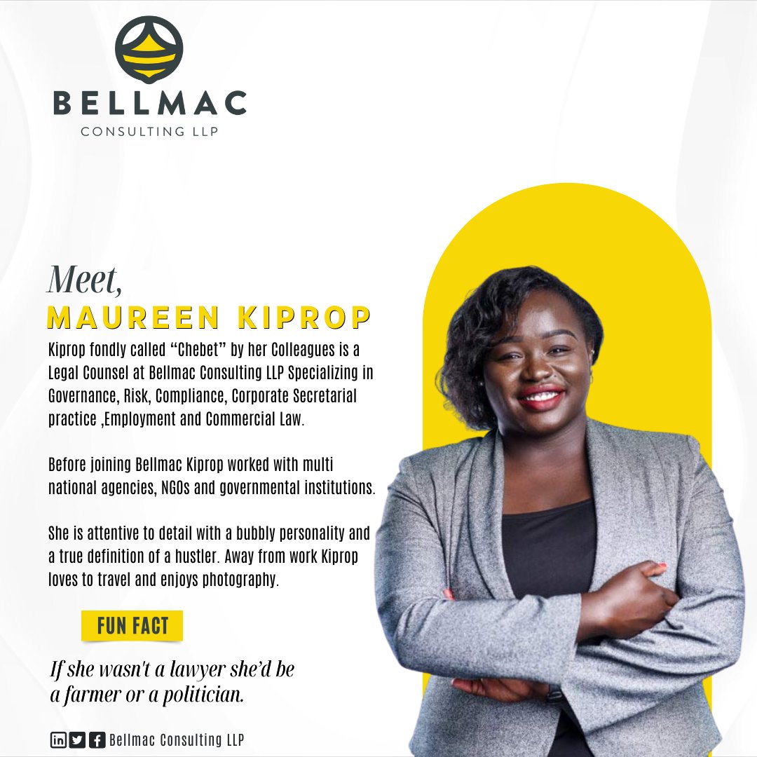 Bellmacconsult's tweet photo. Meet Maureen C. Kiprop our Legal Counsel, Governance and Risk Compliance.
#Bellmac #advisoryservices #goodgovernance #legal #corporategovernance #compliance https://t.co/LJeCkoP3bV