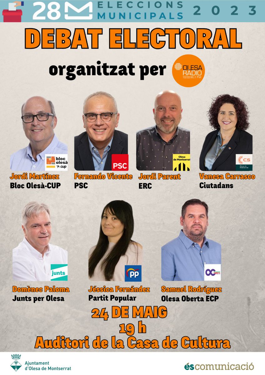 🔴 DEBAT ELECTORAL

👥 Torna un clàssic de les eleccions, el #DebatElectoral entre els alcaldables d'#Olesa per aquestes #EleccionsMunicipals.

⏰ Dimecres 24 de maig, a les 19 h a l'Auditori de la Casa de Cultura.
👇🏼