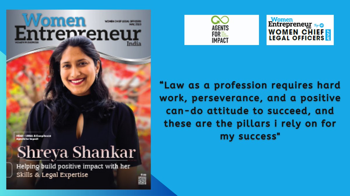 WomenEntrepre16's tweet photo. Shreya Shankar,  Head - Legal &amp; Compliance, @agentsforimpact has been selected by WomenEntrepreneurIndia as one of the 'Top 10 Women Chief Legal Officers - 2023'.

Article: https://t.co/dFuS9tuuNk

#WomenChiefLegalOfficers #ChiefLegalOfficers #CLO #Legalhead #Legalhead2023 #legal https://t.co/3V87TLSEyZ